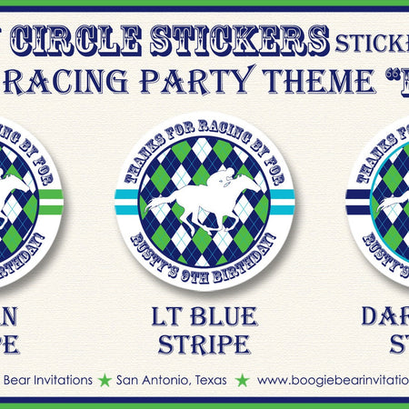 Horse Racing Birthday Party Stickers Circle Sheet Round Tag Green Blue Kentucky Race Track Derby Argyle Boogie Bear Invitations Rusty Theme