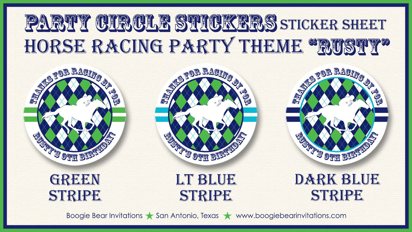 Horse Racing Birthday Party Stickers Circle Sheet Round Tag Green Blue Kentucky Race Track Derby Argyle Boogie Bear Invitations Rusty Theme