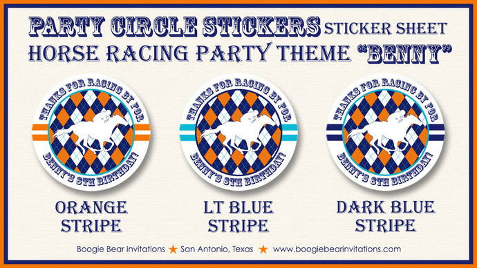 Horse Racing Birthday Party Stickers Circle Sheet Round Tag Orange Blue Kentucky Race Track Derby Argyle Boogie Bear Invitations Benny Theme