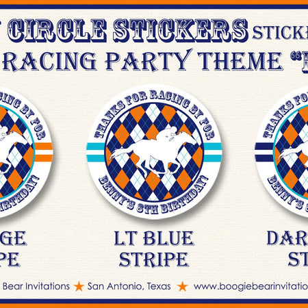 Horse Racing Birthday Party Stickers Circle Sheet Round Tag Orange Blue Kentucky Race Track Derby Argyle Boogie Bear Invitations Benny Theme