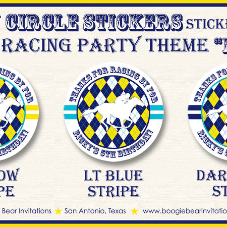 Horse Racing Birthday Party Stickers Circle Sheet Round Tag Yellow Blue Kentucky Race Track Derby Argyle Boogie Bear Invitations Ricky Theme