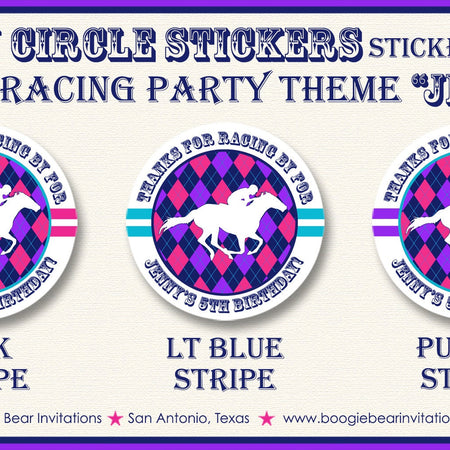 Horse Racing Birthday Party Stickers Circle Sheet Round Tag Pink Purple Kentucky Race Track Derby Argyle Boogie Bear Invitations Jenny Theme