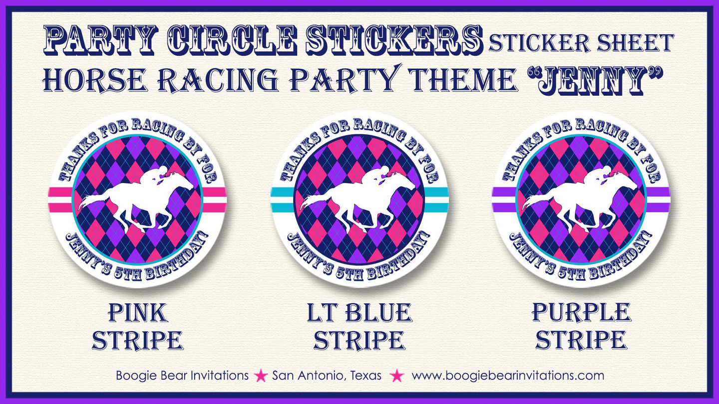 Horse Racing Birthday Party Stickers Circle Sheet Round Tag Pink Purple Kentucky Race Track Derby Argyle Boogie Bear Invitations Jenny Theme
