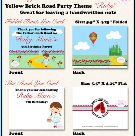 Wizard of Oz Birthday Party Thank You Note Card Dorothy Red Blue Girl Yellow Brick Road Poppies Boogie Bear Invitations Ruby Theme Printed