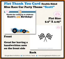 Load image into Gallery viewer, Race Car Driver Party Thank You Card Birthday Teen Checkered Flag Orange Blue Race Racing Track Boogie Bear Invitations Scott Theme Printed