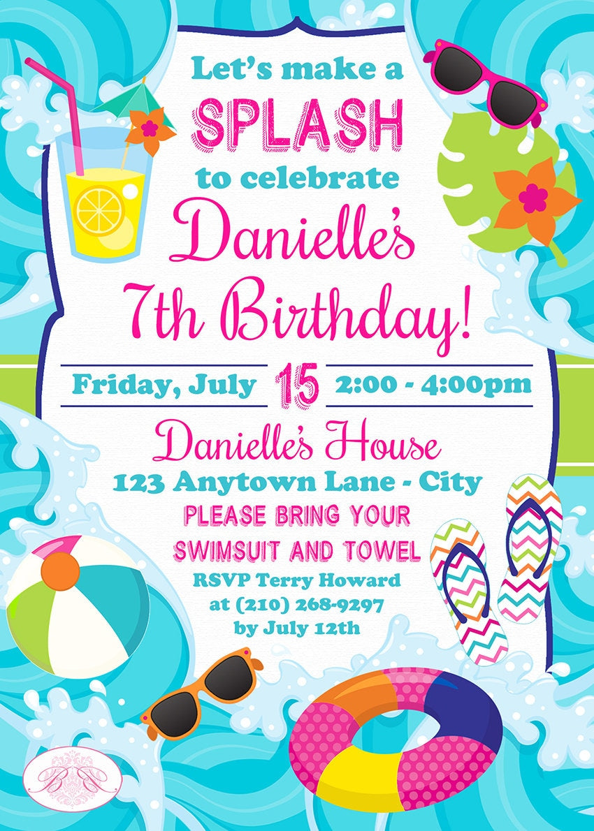 Splash Bash Birthday Party Invitation Pool Swim Swimming Girl Beach Wa ...