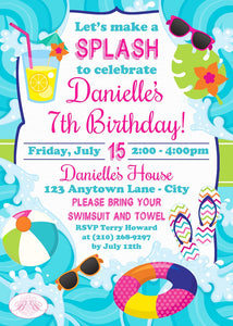 Splash Bash Birthday Party Invitation Pool Swim Swimming Girl Beach Wave Boogie Bear Invitations Danielle Theme Paperless Printable Printed
