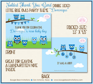Blue Owls Boy Thank You Card Baby Shower Woodland Animals Birds Tree Flower Garden Hoot Park Boogie Bear Invitations Dominique Theme Printed
