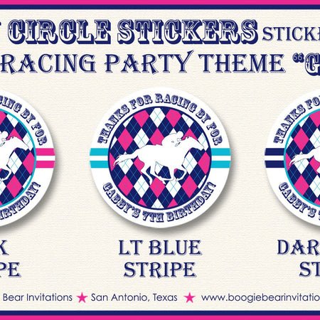 Horse Racing Birthday Party Stickers Circle Sheet Round Tag Pink Blue Kentucky Race Track Derby Argyle Boogie Bear Invitations Gabby Theme
