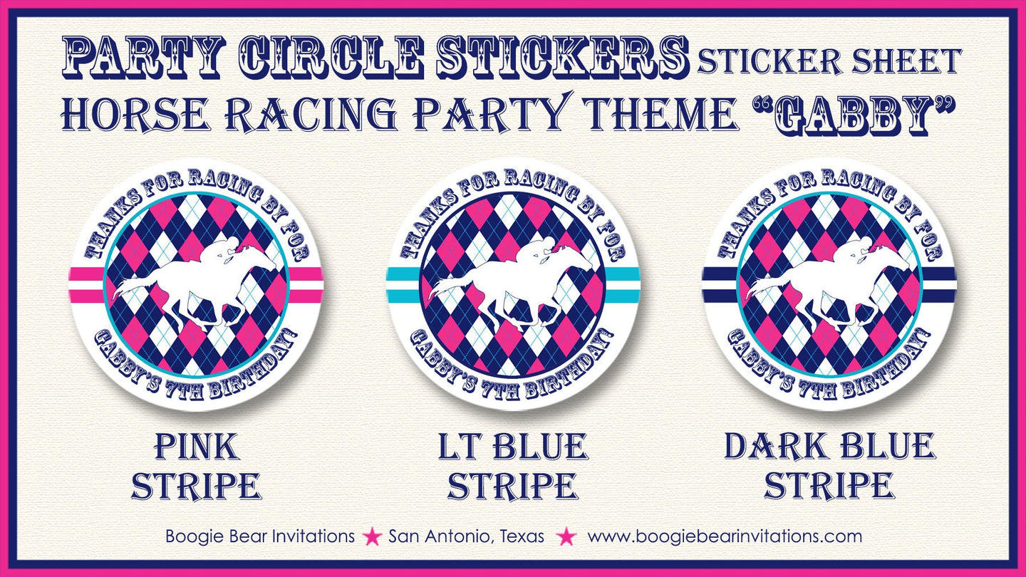 Horse Racing Birthday Party Stickers Circle Sheet Round Tag Pink Blue Kentucky Race Track Derby Argyle Boogie Bear Invitations Gabby Theme