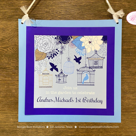Blue Garden Birds Birthday Party Door Banner Birthday Woodland Birdcage Cage Flower Boy 1st Spring Fly Boogie Bear Invitations Andres Theme