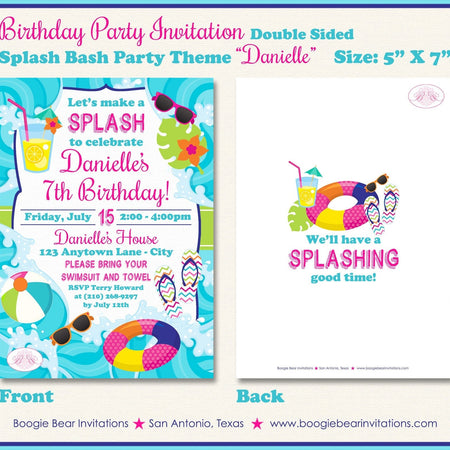 Splash Bash Birthday Party Invitation Pool Swim Swimming Girl Beach Wave Boogie Bear Invitations Danielle Theme Paperless Printable Printed