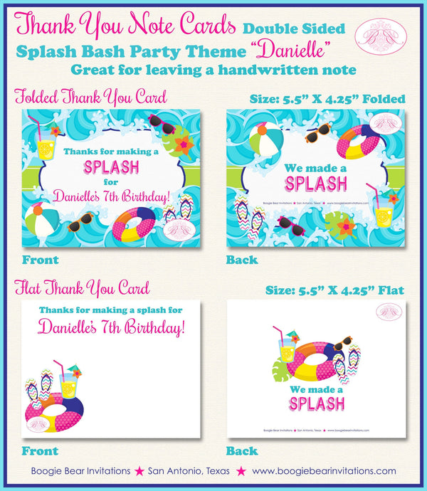 Splash Bash Party Thank You Card Birthday Pool Swim Swimming Girl Beach Wave Ocean Water Tube Boogie Bear Invitations Danielle Theme Printed