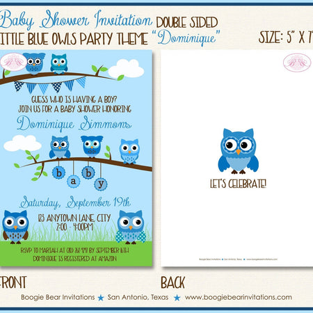 Blue Owl Baby Shower Invitation Boy Woodland Animals Birthday Party Hoot Boogie Bear Invitations Dominique Theme Paperless Printable Printed