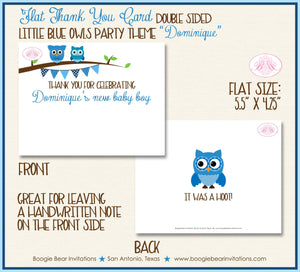 Blue Owls Boy Thank You Card Baby Shower Woodland Animals Birds Tree Flower Garden Hoot Park Boogie Bear Invitations Dominique Theme Printed