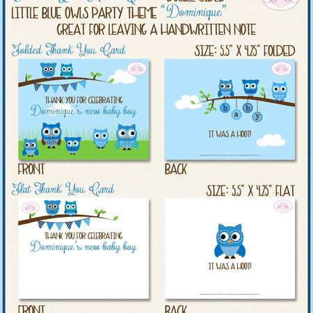 Blue Owls Boy Thank You Card Baby Shower Woodland Animals Birds Tree Flower Garden Hoot Park Boogie Bear Invitations Dominique Theme Printed