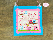 Load image into Gallery viewer, Valentines Owls Party Door Banner Birthday Boy Girl Heart Love Woodland Animals Forest Creatures Boogie Bear Invitations Valentina Theme