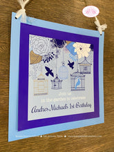 Load image into Gallery viewer, Blue Garden Birds Birthday Party Door Banner Birthday Woodland Birdcage Cage Flower Boy 1st Spring Fly Boogie Bear Invitations Andres Theme