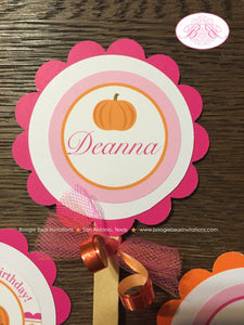 Little Pink Pumpkin Party Cupcake Toppers Set Birthday Fall Autumn Orange Farm Harvest Girl Country Kid Boogie Bear Invitations Deanna Theme