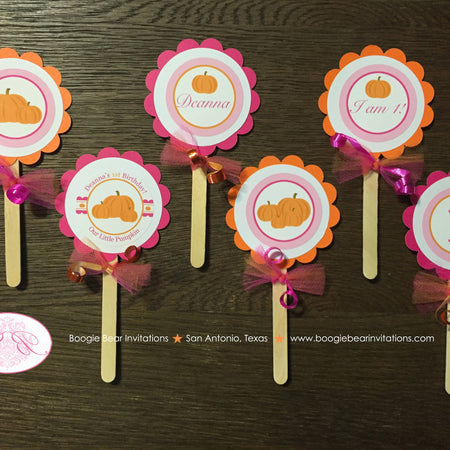 Little Pink Pumpkin Party Cupcake Toppers Set Birthday Fall Autumn Orange Farm Harvest Girl Country Kid Boogie Bear Invitations Deanna Theme