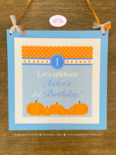 Load image into Gallery viewer, Blue Pumpkin Party Door Banner Birthday Fall Orange Polka Dot Boy Harvest Picking Country Farm Barn Kids Boogie Bear Invitations Aiden Theme