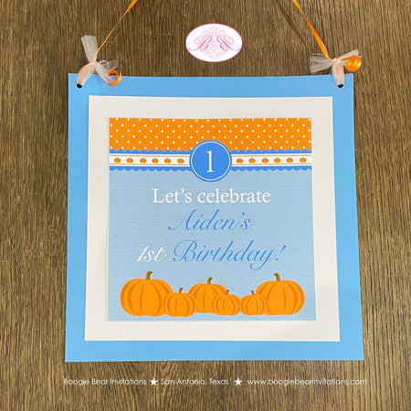 Blue Pumpkin Party Door Banner Birthday Fall Orange Polka Dot Boy Harvest Picking Country Farm Barn Kids Boogie Bear Invitations Aiden Theme