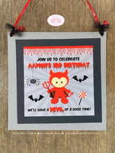Load image into Gallery viewer, Lttle Devil Birthday Party Door Banner Halloween Red Blood Halloween Black Spider Bat Dracula Boy Girl Boogie Bear Invitations Aamon Theme