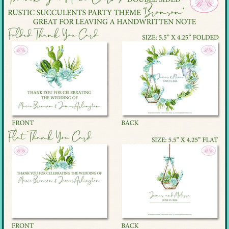 Rustic Succulents Thank You Card Wedding Party Floral Cactus Desert Plant Green Blue Terrarium Boogie Bear Invitations Bronson Theme Printed