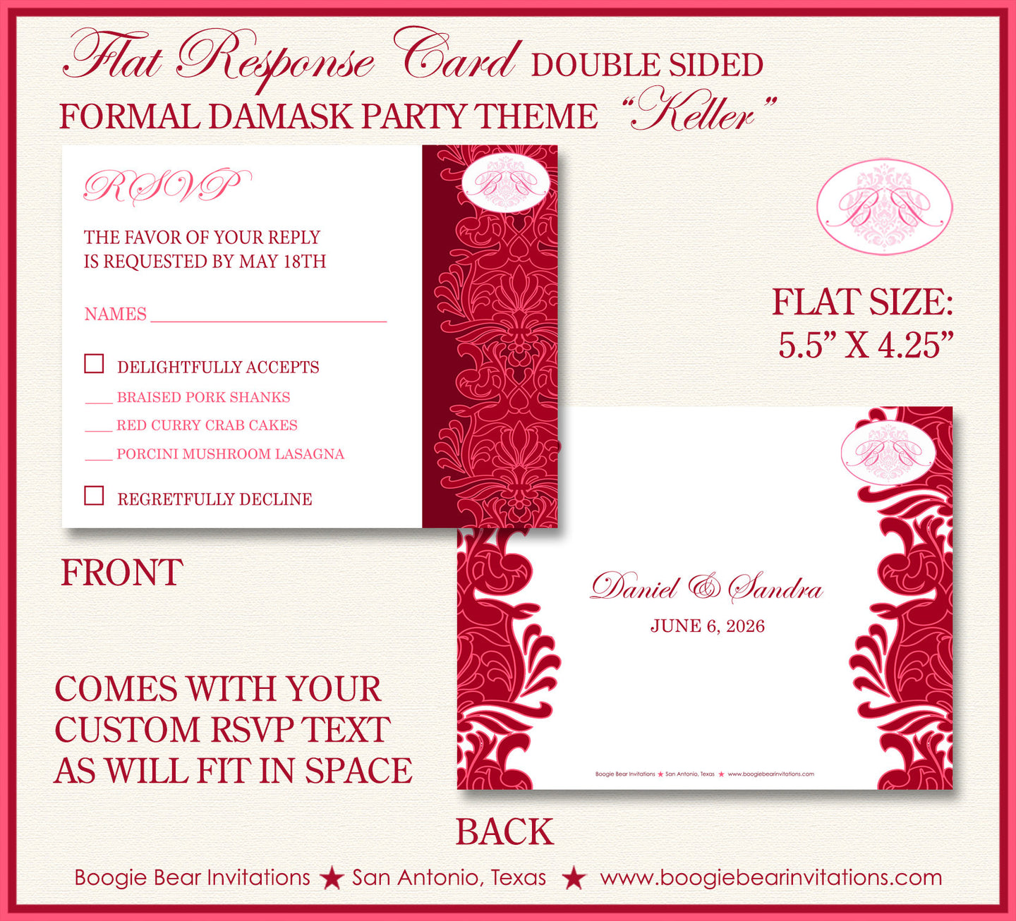 Formal Damask RSVP Card Birthday Party Response Reply Guest Red Flower Victorian Ball Elegant Boogie Bear Invitations Keller Theme Printed