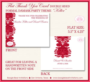 Formal Damask Thank You Card Wedding Party Red Flower Lotus Victorian Castle Ball Dark Red Pink Boogie Bear Invitations Keller Theme Printed