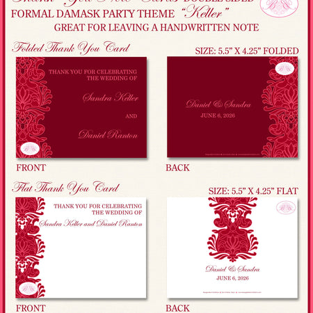 Formal Damask Thank You Card Wedding Party Red Flower Lotus Victorian Castle Ball Dark Red Pink Boogie Bear Invitations Keller Theme Printed