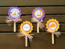 Load image into Gallery viewer, Little Pumpkin Party Cupcake Toppers Lavender Fall Birthday Girl Purple Hayride Farm Country Pumpkin Boogie Bear Invitations Kayla Theme
