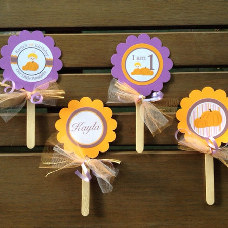 Little Pumpkin Party Cupcake Toppers Lavender Fall Birthday Girl Purple Hayride Farm Country Pumpkin Boogie Bear Invitations Kayla Theme