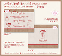 Load image into Gallery viewer, Mason Jars Thank You Card Wedding Party Red Burlap Farm Country Outdoor Summer Picnic Rustic Boogie Bear Invitations Murphy Theme Printed