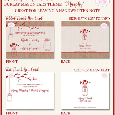 Mason Jars Thank You Card Wedding Party Red Burlap Farm Country Outdoor Summer Picnic Rustic Boogie Bear Invitations Murphy Theme Printed