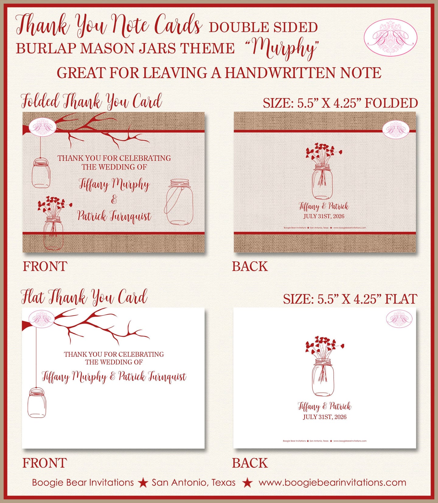 Mason Jars Thank You Card Wedding Party Red Burlap Farm Country Outdoor Summer Picnic Rustic Boogie Bear Invitations Murphy Theme Printed