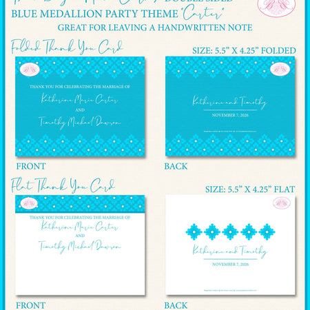 Blue Medallion Thank You Card Wedding Party Flower Damask Victorian Flower Vintage Star Lace Boogie Bear Invitations Carter Theme Printed