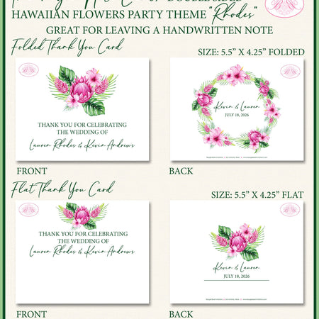 Hawaiian Flowers Thank You Card Wedding Party Floral Pink Hibiscus Hawaii Tropical Island Palm Boogie Bear Invitations Rhodes Theme Printed