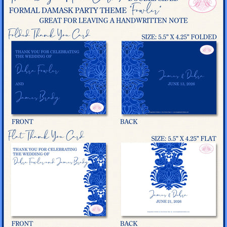 Formal Damask Thank You Card Wedding Party Blue Flower Lotus Victorian Castle Ball Navy Royal Boogie Bear Invitations Fowler Theme Printed