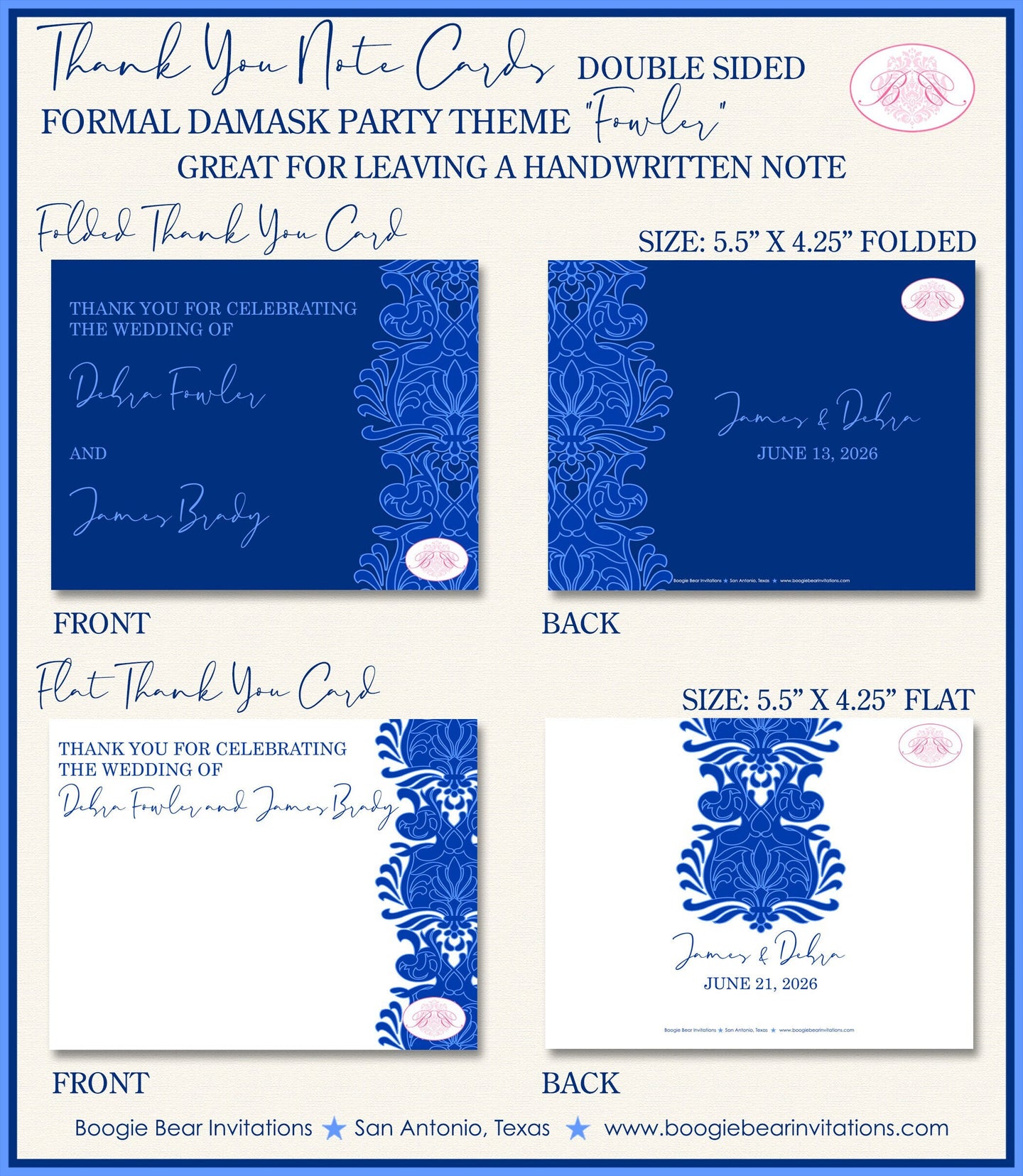 Formal Damask Thank You Card Wedding Party Blue Flower Lotus Victorian Castle Ball Navy Royal Boogie Bear Invitations Fowler Theme Printed