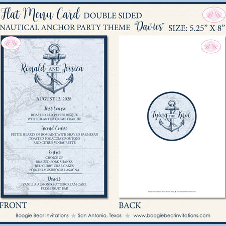 Nautical Anchor Wedding Menu Cards Party Food Entree Plate Dinner Blue Map Tie Knot Boogie Bear Invitations Davies Theme Paperless Printed