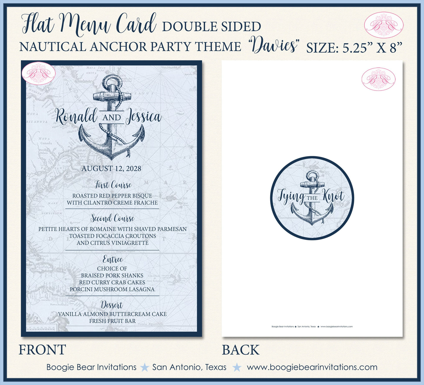 Nautical Anchor Wedding Menu Cards Party Food Entree Plate Dinner Blue Map Tie Knot Boogie Bear Invitations Davies Theme Paperless Printed