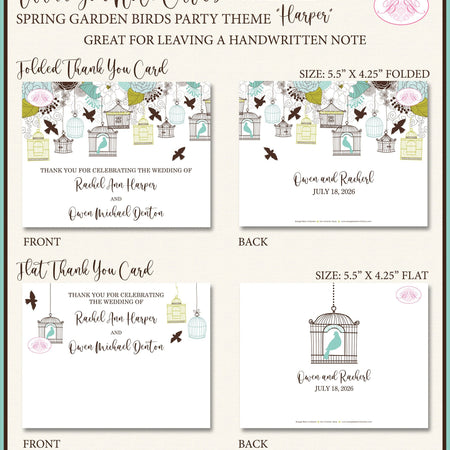 Garden Birds Thank You Card Wedding Party Woodland Birdcage Cage Tree Forest Flower Aqua Brown Boogie Bear Invitations Harper Theme Printed