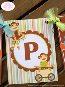 Sock Monkey Birthday Party Banner Happy Boy Girl Kids Orange Green Brown Stripe 1st 2nd 3rd 4th 5th 6th Boogie Bear Invitations Teagan Theme