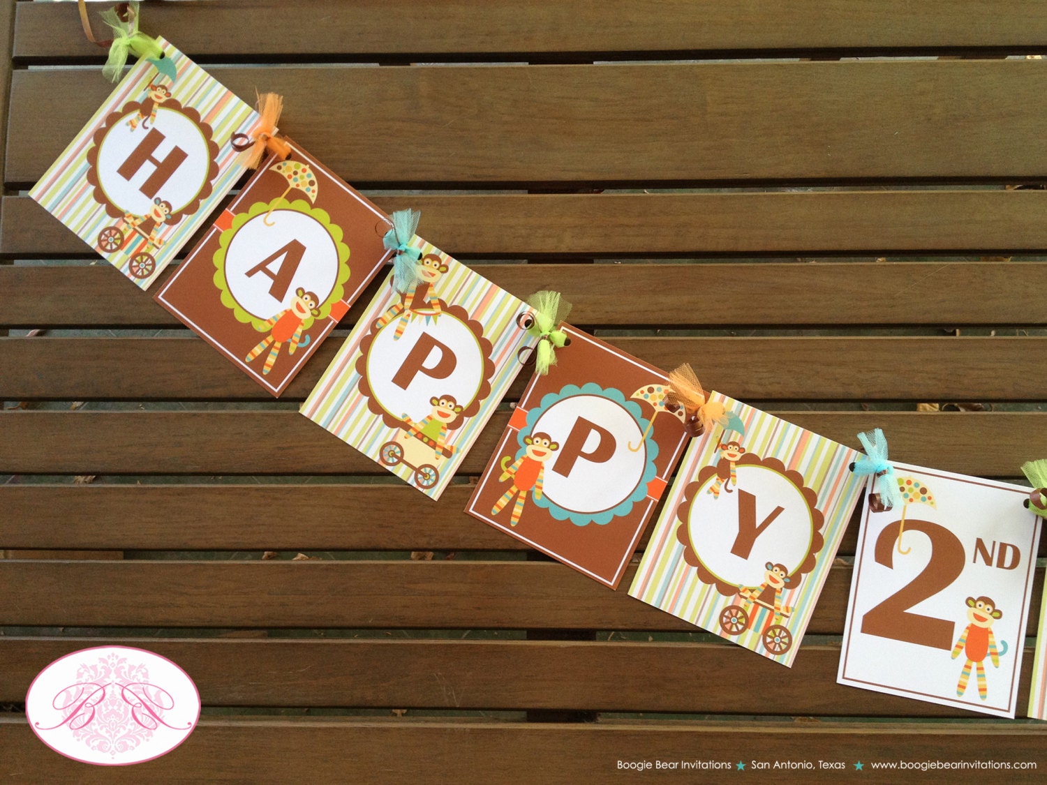 Sock Monkey Birthday Party Banner Happy Boy Girl Kids Orange Green Brown  Stripe 1st 2nd 3rd 4th 5th 6th Boogie Bear Invitations Teagan Theme, image size:1500x1125