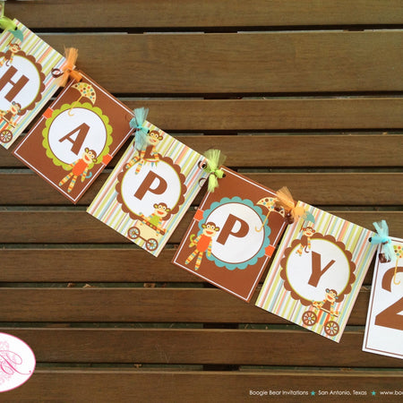 Sock Monkey Birthday Party Banner Happy Boy Girl Kids Orange Green Brown Stripe 1st 2nd 3rd 4th 5th 6th Boogie Bear Invitations Teagan Theme