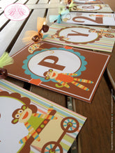 Load image into Gallery viewer, Sock Monkey Birthday Party Banner Happy Boy Girl Kids Orange Green Brown Stripe 1st 2nd 3rd 4th 5th 6th Boogie Bear Invitations Teagan Theme