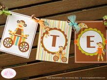 Load image into Gallery viewer, Sock Monkey Birthday Party Name Banner Boy Girl Retro Stripe Orange Green Blue Brown 1st 2nd 3rd 4th Boogie Bear Invitations Teagan Theme