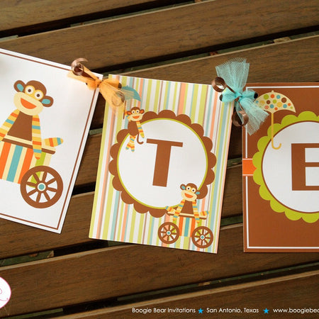 Sock Monkey Birthday Party Name Banner Boy Girl Retro Stripe Orange Green Blue Brown 1st 2nd 3rd 4th Boogie Bear Invitations Teagan Theme