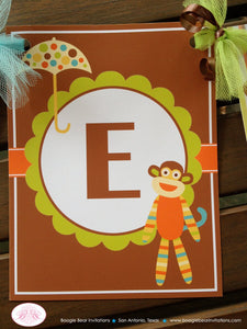 Sock Monkey Birthday Party Name Banner Boy Girl Retro Stripe Orange Green Blue Brown 1st 2nd 3rd 4th Boogie Bear Invitations Teagan Theme